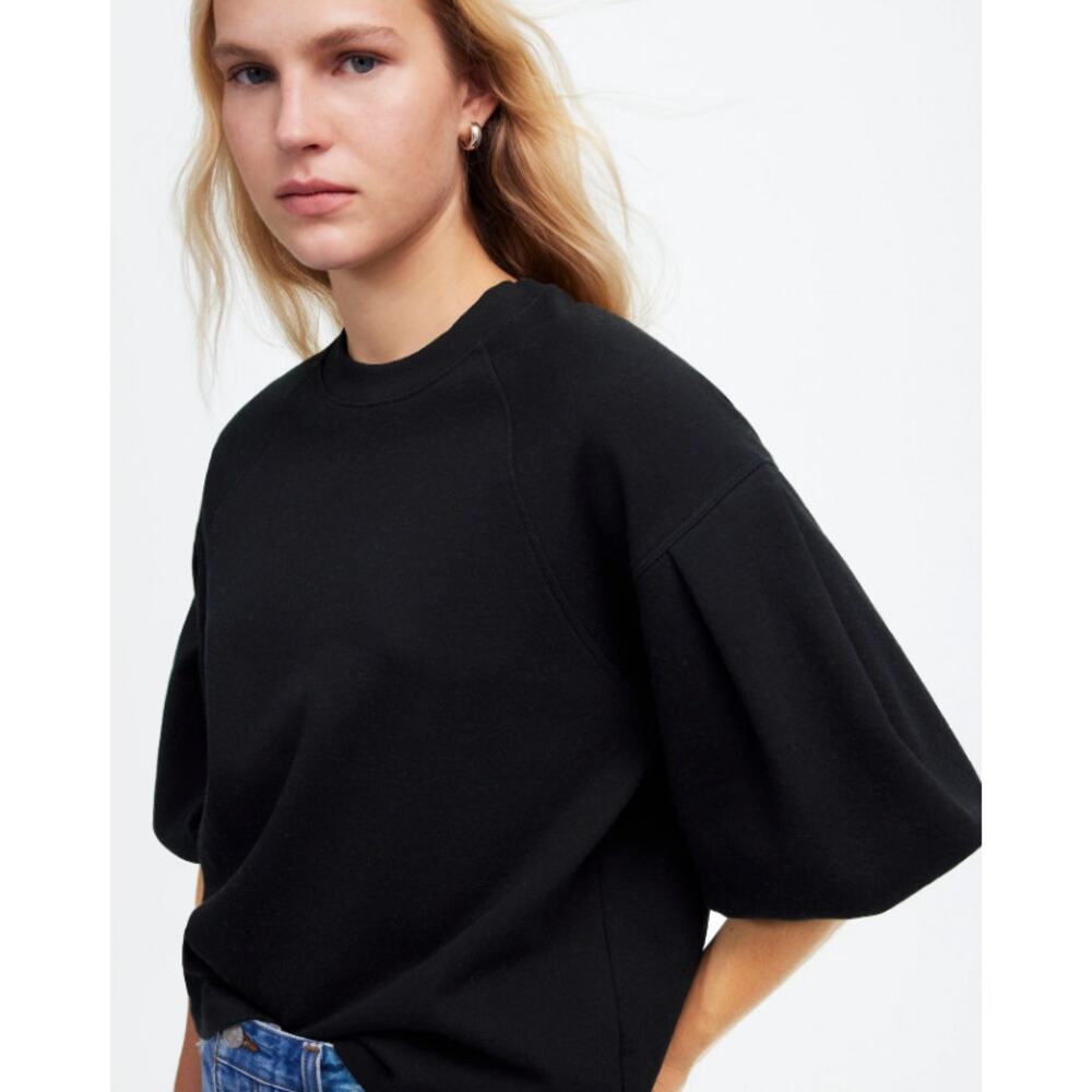 Madewell Puff-Sleeve Sweatshirt Tee Sz M Black Cotton-Blend Fleece Crewneck Boxy - Picture 3 of 8